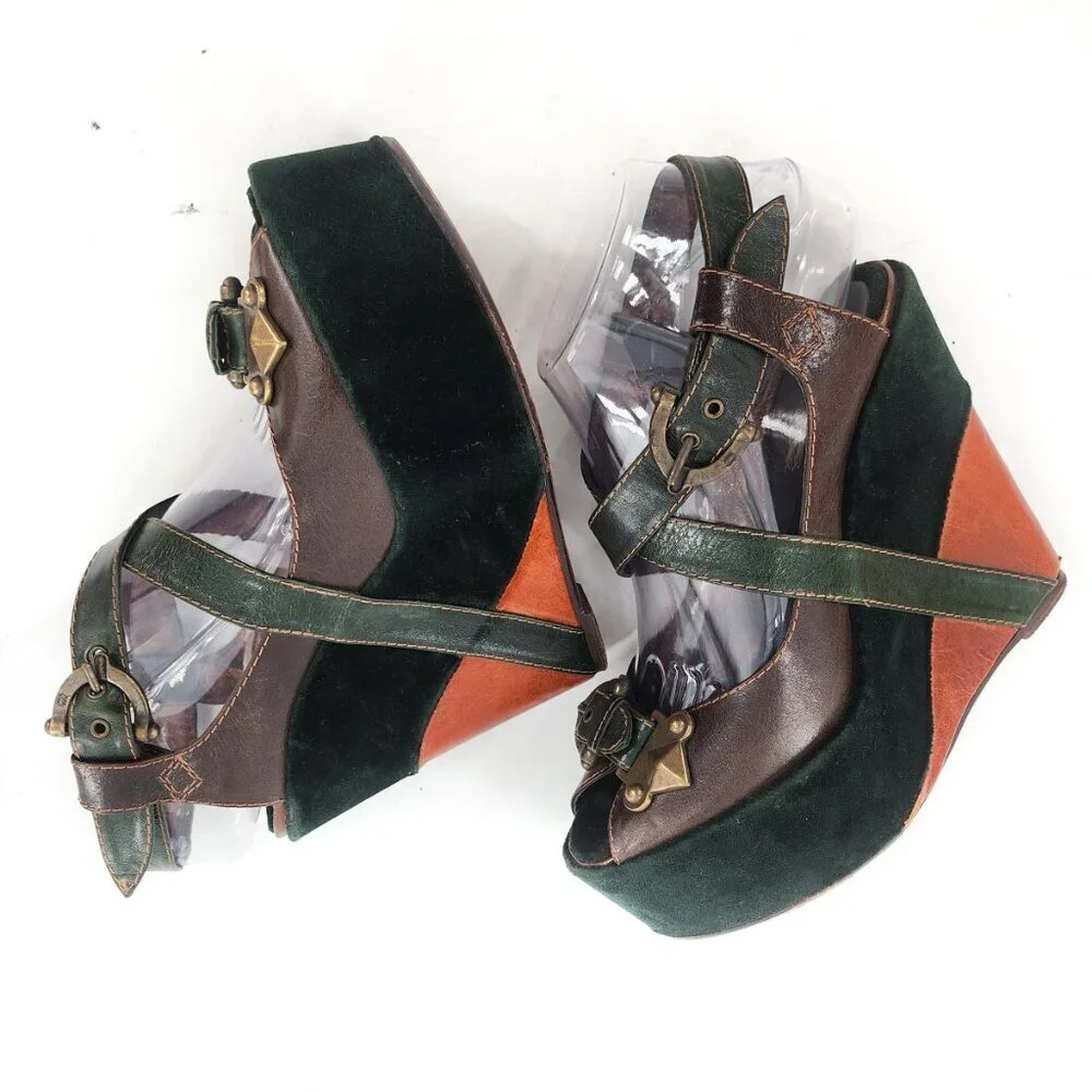 GUILLAUME HINFRAY Brown Green Leather Velvet Platform Wedge Sandals